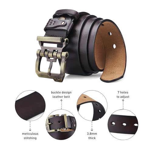 BISON DENIM Men's Genuine Leather Dress Belt with Heavy Duty Buckle for Jeans