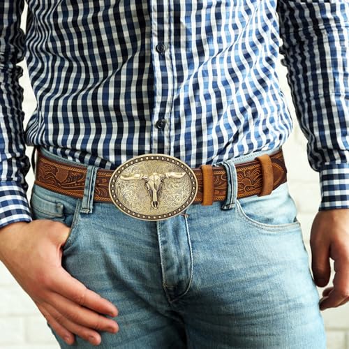 BISON DENIM Men's Western Cowboy Belt - Adjustable Longhorn Buckle