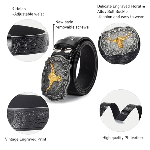 Western Cowboy Belt for Men with Big Buckle and Longhorn Bull Engraving