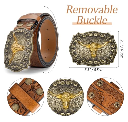 Western Cowboy PU Leather Belt for Men - Floral Engraved Bull Decoration, Fits 25 to 38 Waist