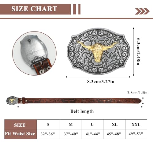 Western Leather Belt with Bull Buckle for Men and Women