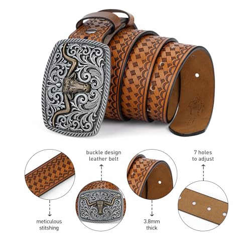 Men's Western Cowboy Leather Belt with Longhorn Bucklehead Design