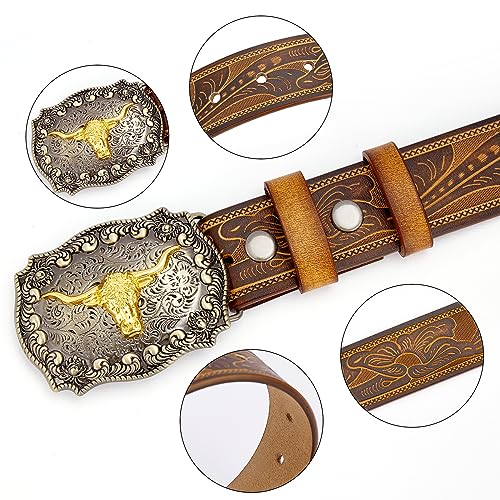 Men's Western Cowboy Leather Belt with Longhorn Bull Pattern Buckle