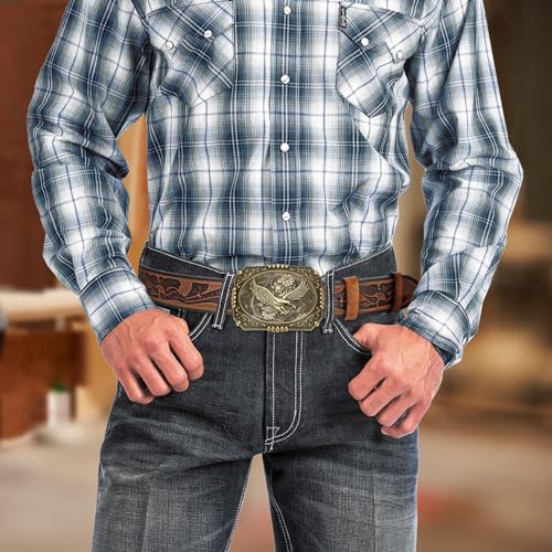BISON DENIM Men's Classic Double Embossed Cowboy Belt with Engraved Buckle